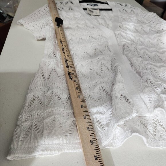 Basic Editions Cardigan Womens 1X White One Button Knit Short Sleeve Crochet - Picture 5 of 12